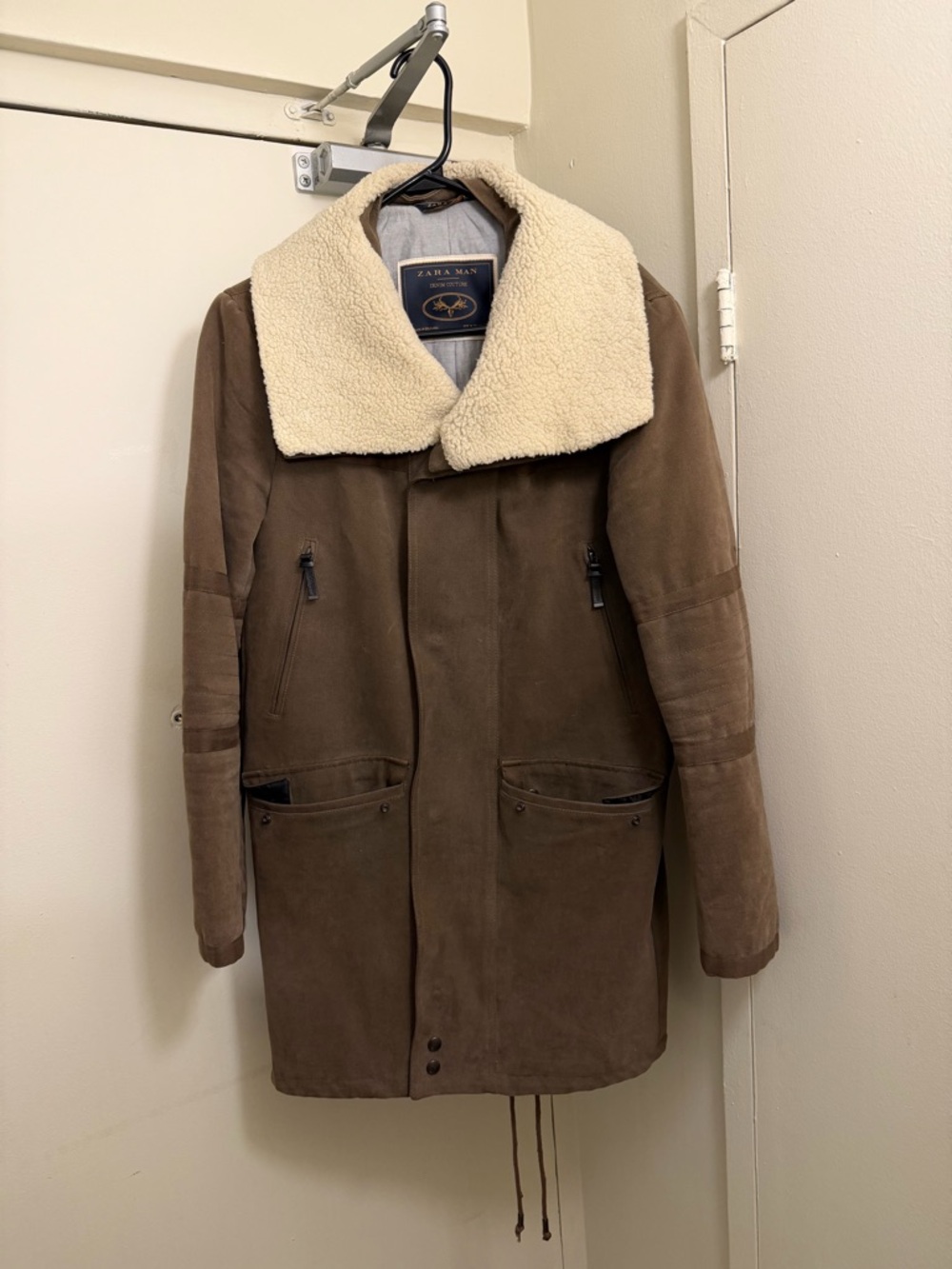 Zara Brown Suede Field Coat with Cream Shearling Collar